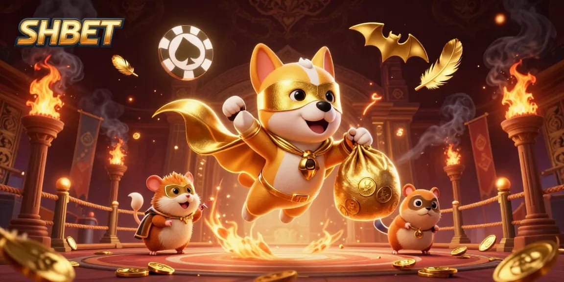 Experience SHBET's thrilling atmosphere with a 3D superhero dog flying while carrying gold coins in an exciting casino setting.