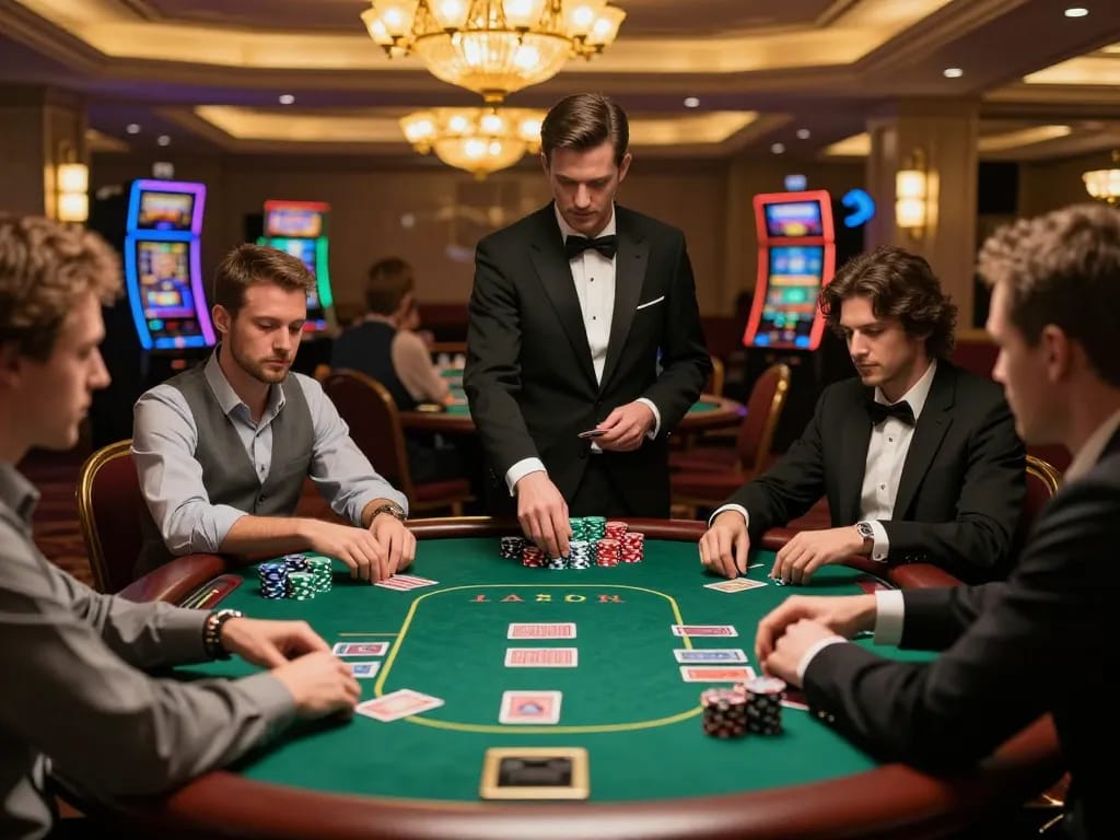 B52club players strategizing at a high-stakes poker table, capturing the excitement of casino gameplay.