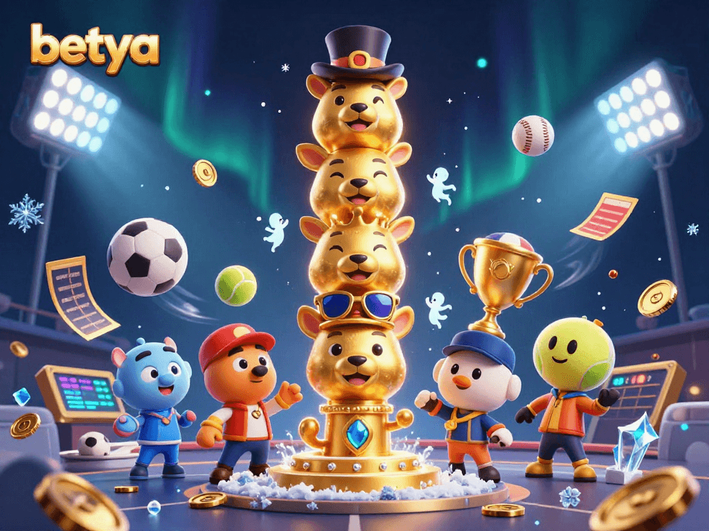 Betya sports betting themed illustration with 3D characters and vibrant action elements.