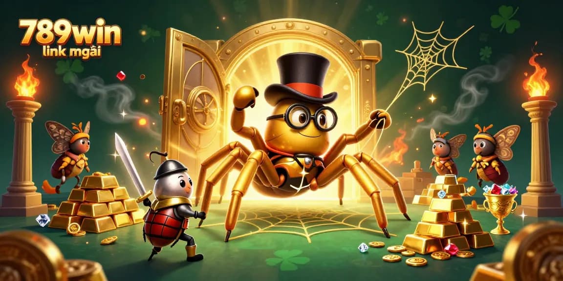 Engage with 789win link mới as a golden tarantula entertains players in a vibrant casino scene.