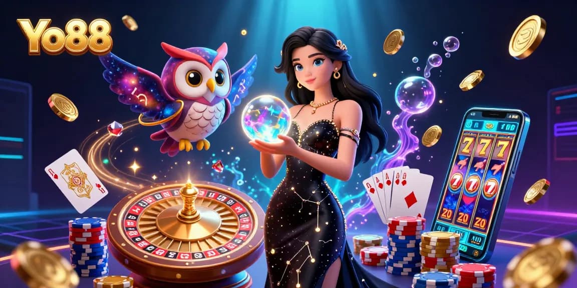 Win big at Yo88 with stunning visuals of a mystical casino experience filled with golden coins and vibrant games.