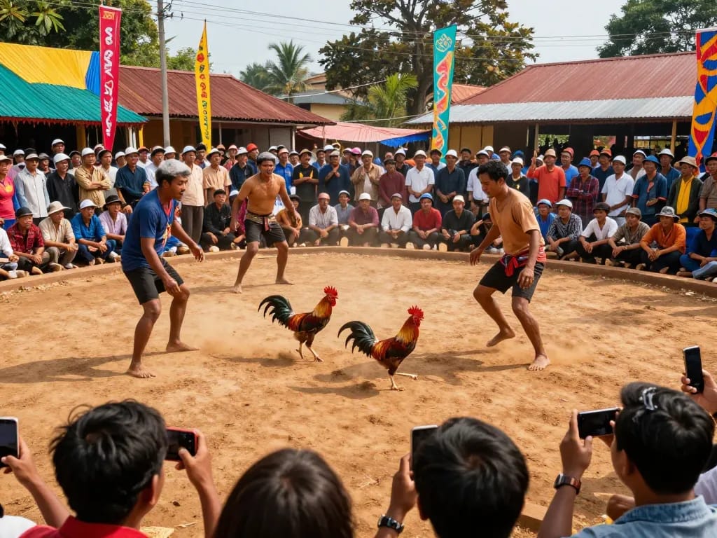 Bắt trọn sự phấn khích của cá đó đá gà thomo tại một sự kiện đá gà ngoài trời sôi động ở Campuchia.