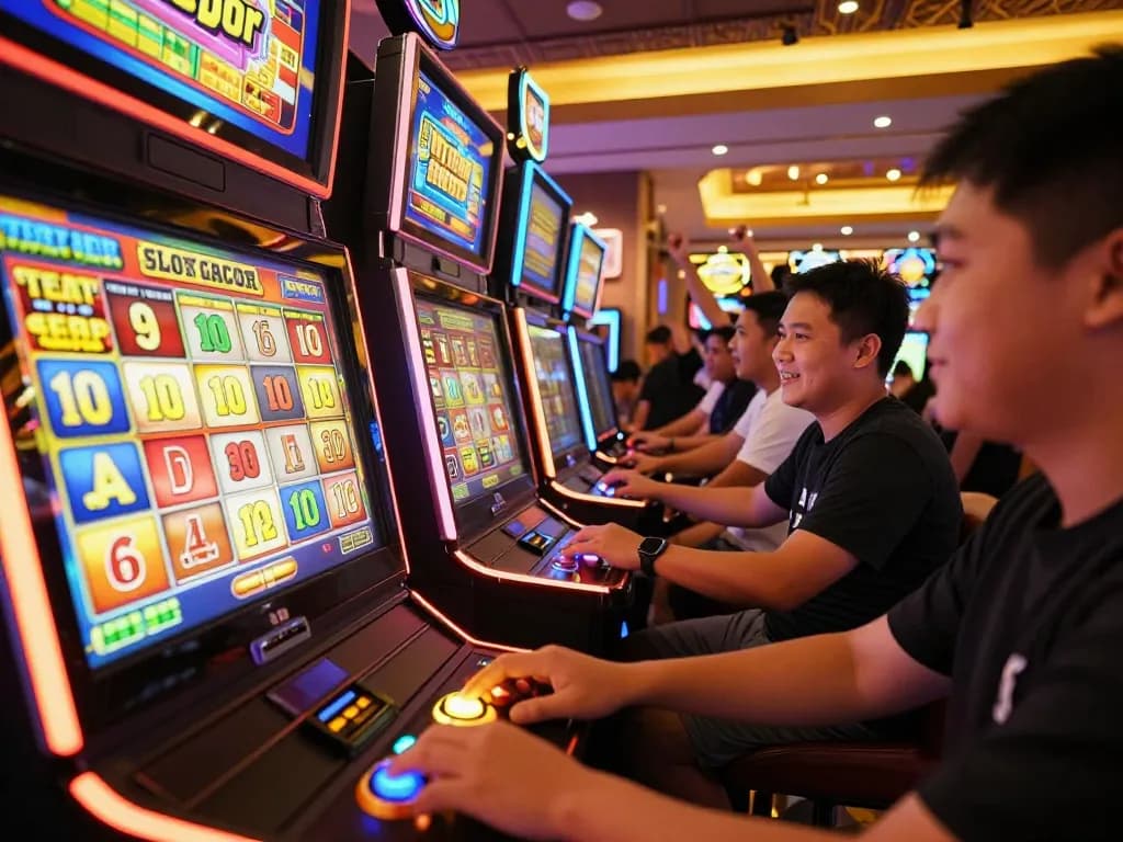 Experience the thrill of 'slot gacor' as players engage with colorful slot machines in a lively casino setting