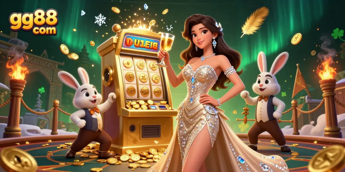 Engage with gg88 com as stunning woman toasts beside jackpot slot machine with vibrant casino elements.