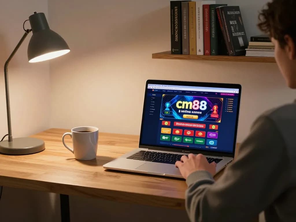 Player enjoying cm88 online casino gaming from a stylish home office, laptop and gambling interface visible.