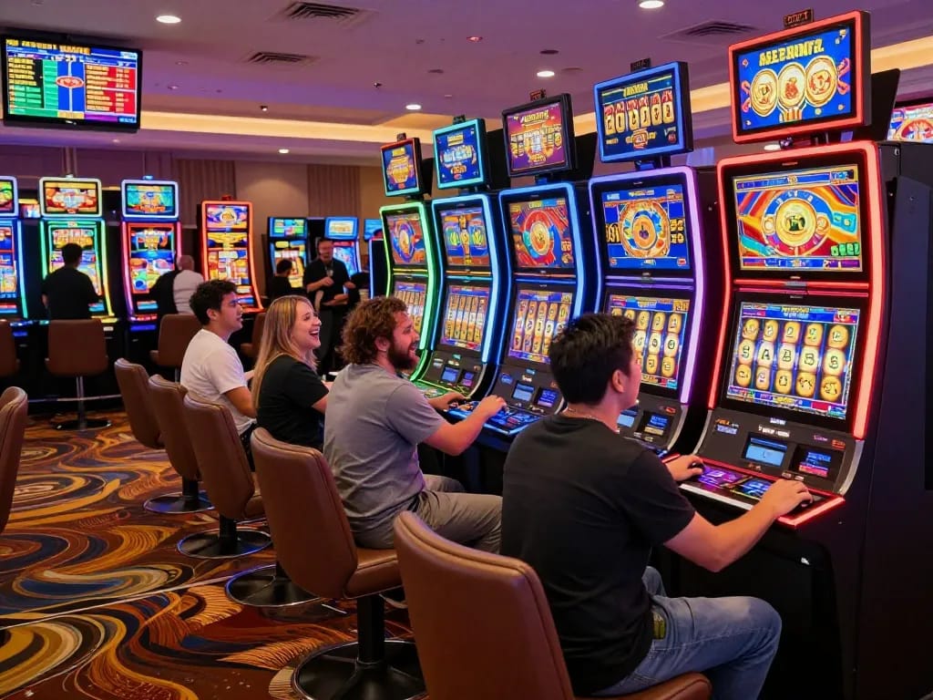 Exciting casino scene showcasing players at link slot machines, vibrant lights, and animated reels.