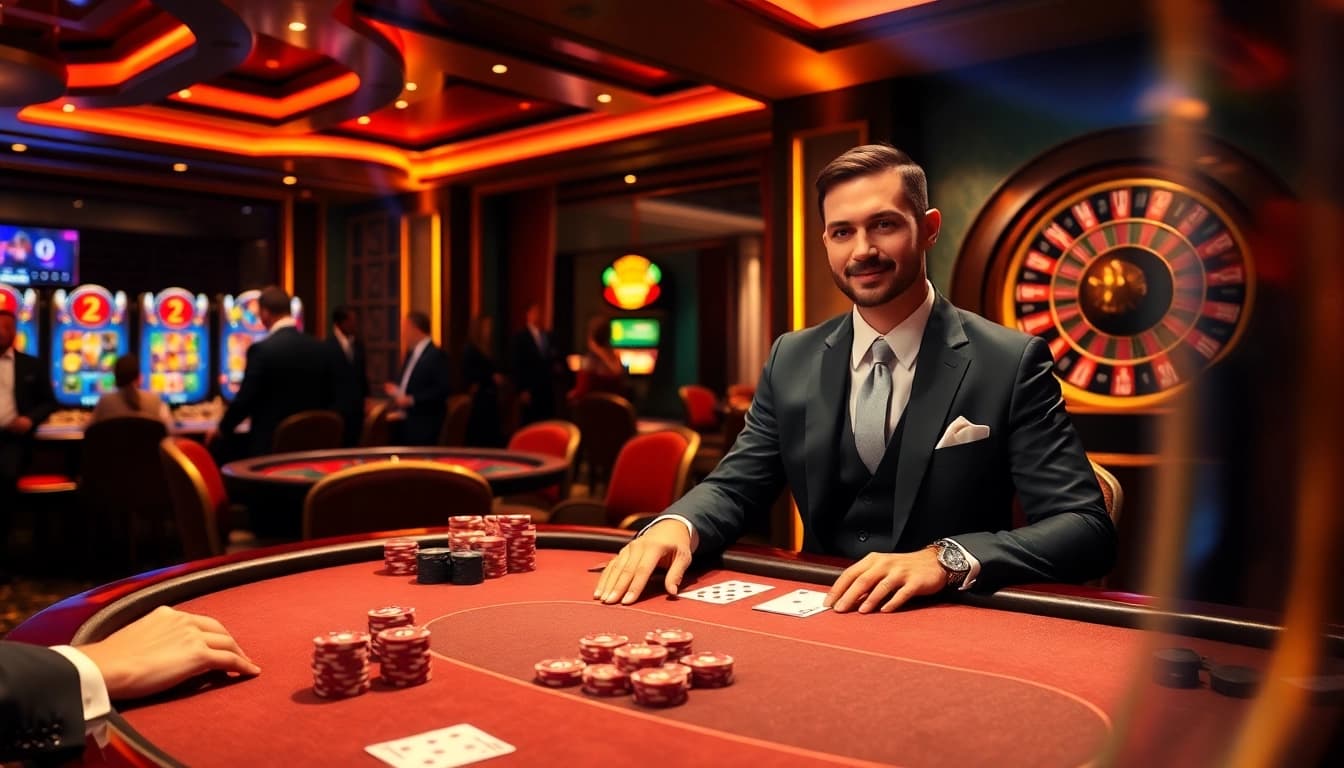 Players enjoying intense poker action at LU88 casino with stylish decor and vibrant atmosphere.