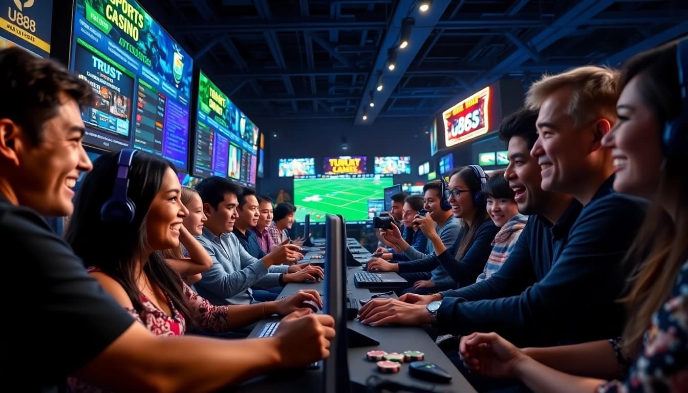 UU88 online gaming platform showcasing diverse games and thrilled players in a vibrant setting.