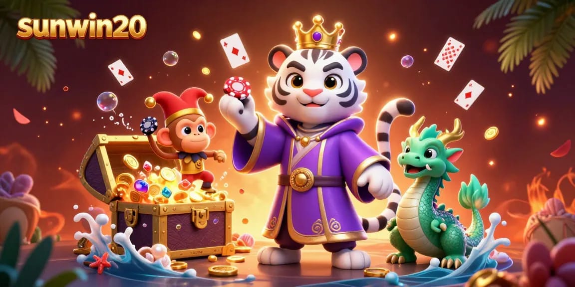 Exciting gambling action with sunwin20 features a lively scene of a tiger, monkey, and dragon amidst treasure.