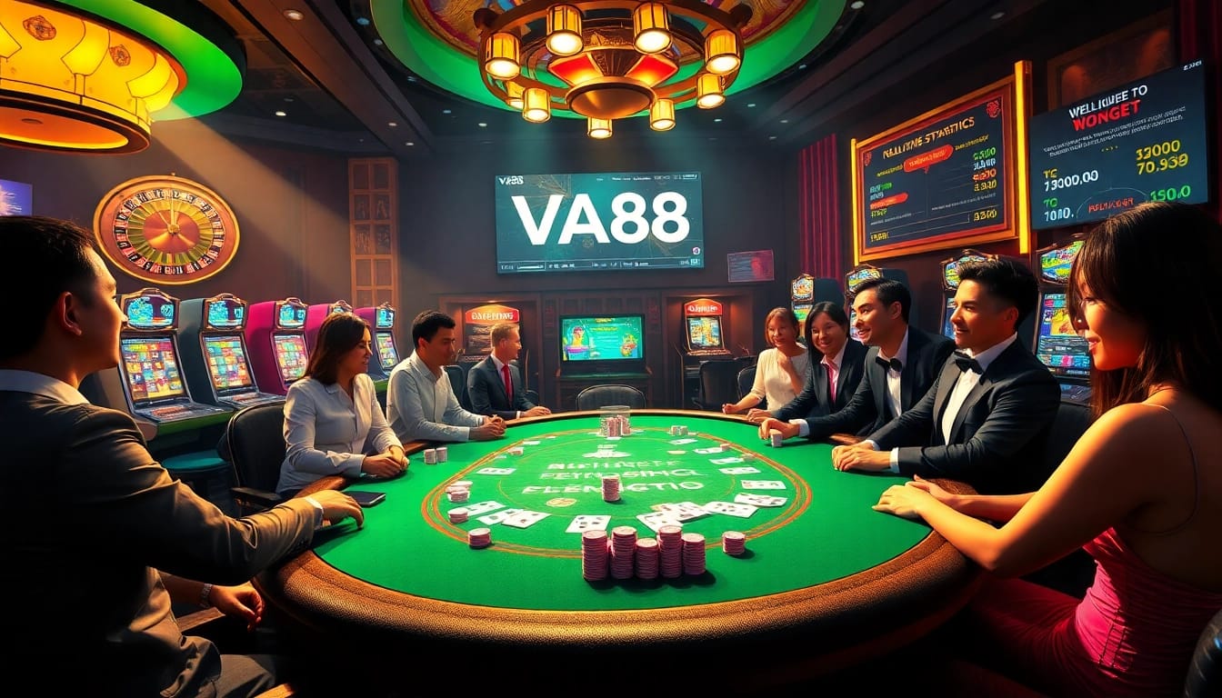 Experience VA88 as players engage in a thrilling casino environment with poker chips and roulette.