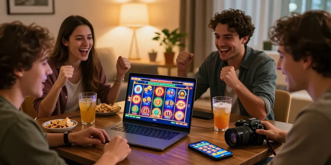 Suasana bermain link slot gacor dengan teman-teman di rumah, menampilkan kegembiraan dan interaksi.