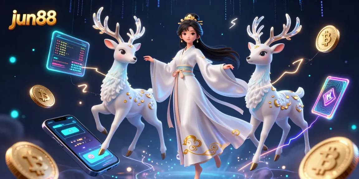 Experience thrilling gaming at jun88, featuring a floating Asian woman in hanfu amidst vibrant casino elements.