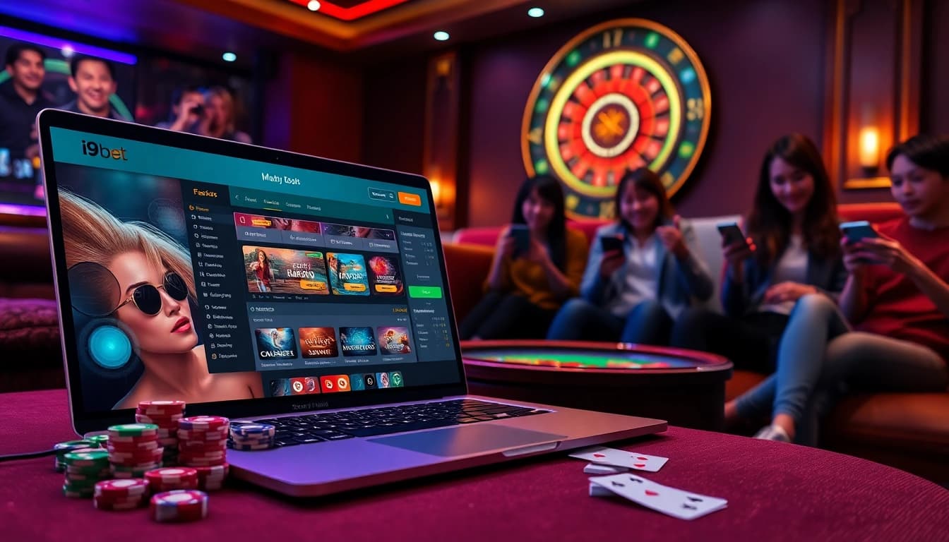 Experience the excitement of i9bet with players engaging in games at a luxurious online casino setting.