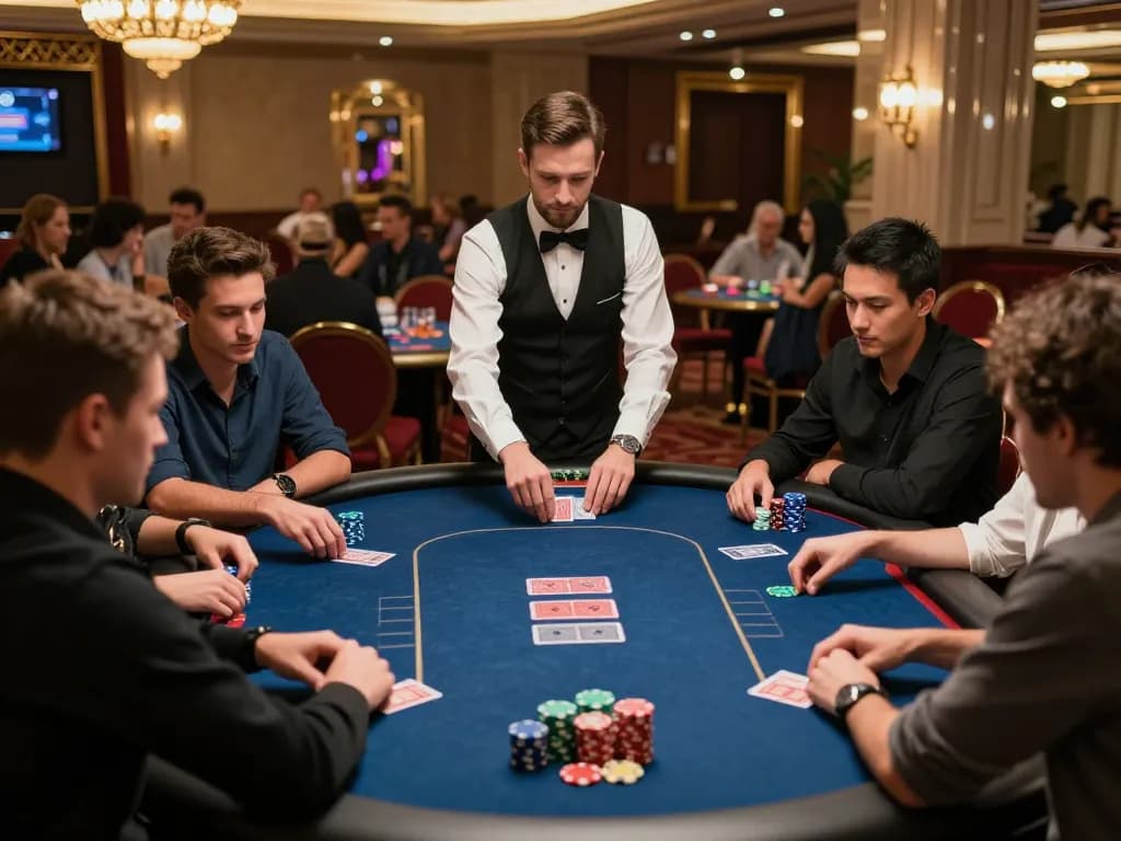 F168 players engaging in strategic moves at a vibrant poker table in a luxury casino