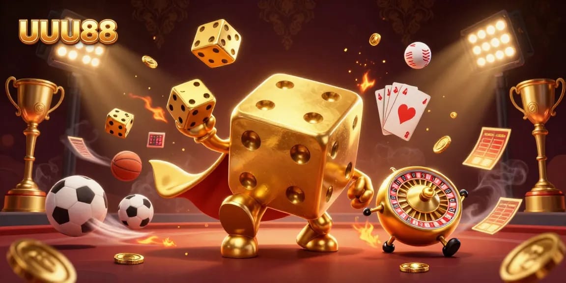Experience the thrilling UUU88 action with golden dice, juggling elements, and vibrant sports motifs.