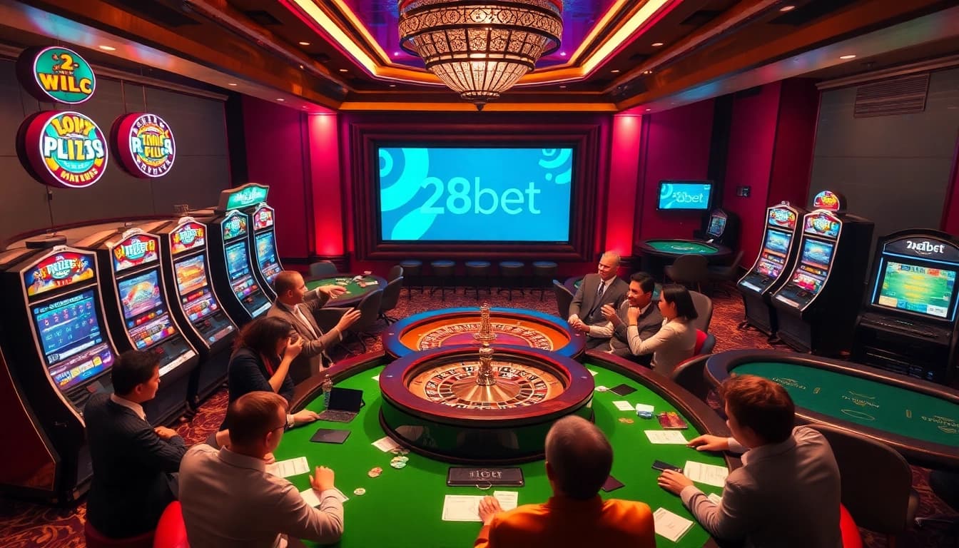 Exciting online casino scene at 28bet featuring players celebrating around roulette and slot machines.