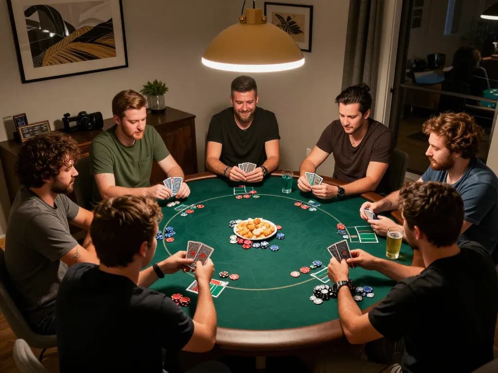 Engaging poker night with friends focusing on data sgp and betting strategy, vibrant social environment.