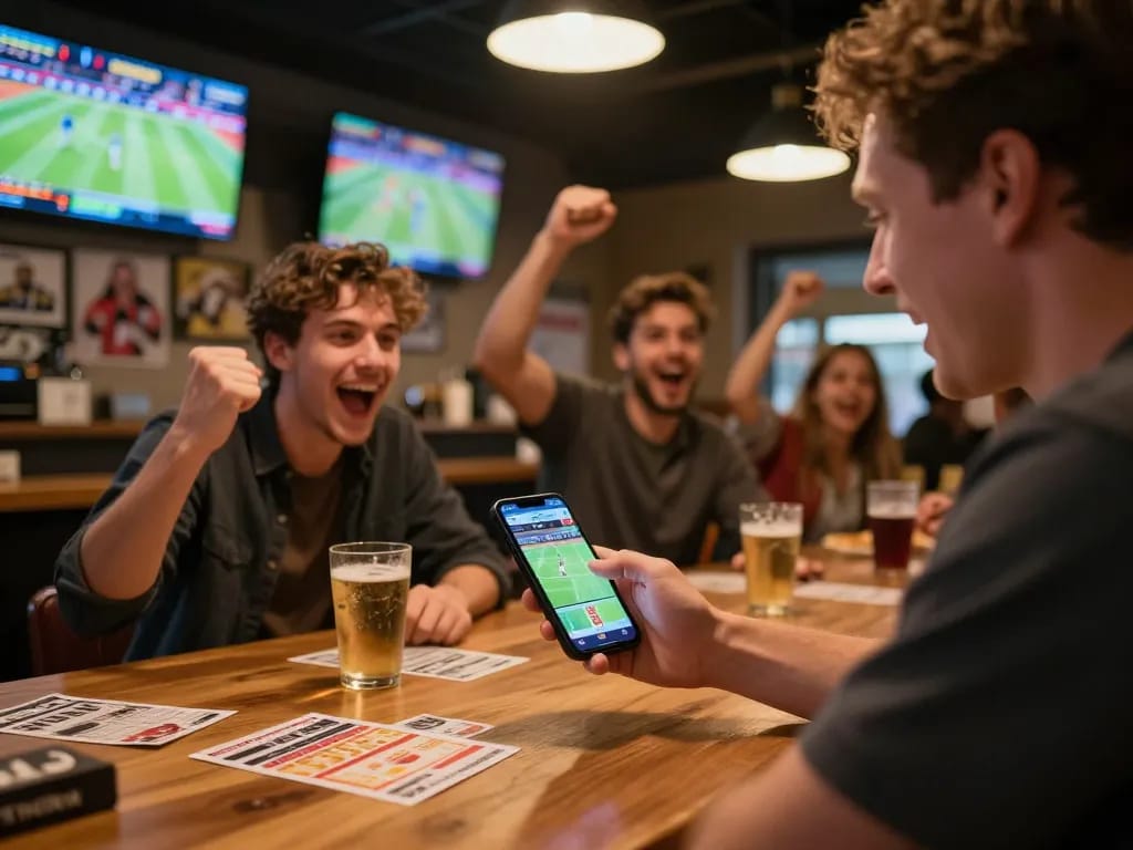 Excited sports fan placing bets with LV88 app in vibrant bar setting