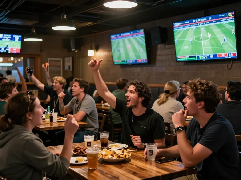 Soi Kèo sports fans celebrating bets at a lively sports bar during live matches.