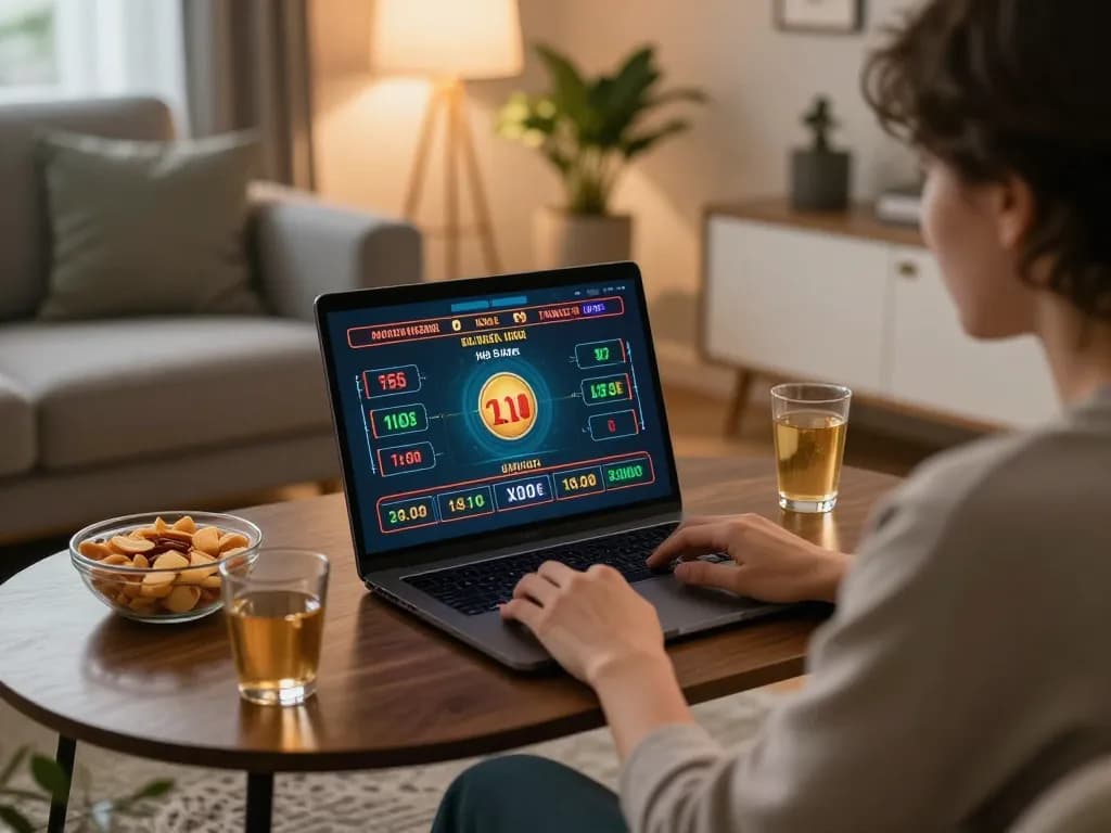 Person using Jun88 for online casino gaming at home with a focused expression and snacks around.