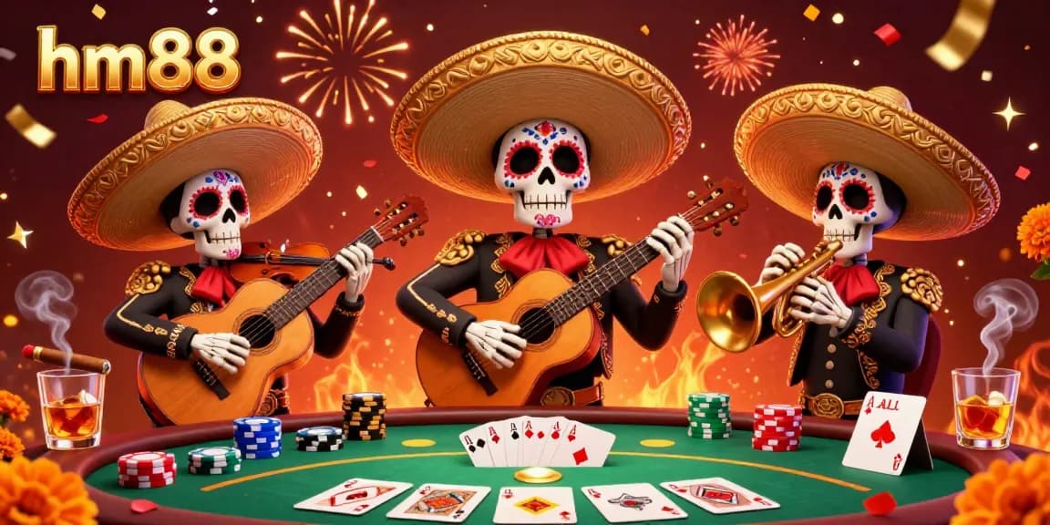 Engage with top-tier online gaming at hm88, featuring vibrant mariachi skeletons amid poker excitement.