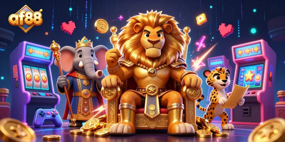 Engage with af88's vibrant gaming world featuring animated characters and slot machines.