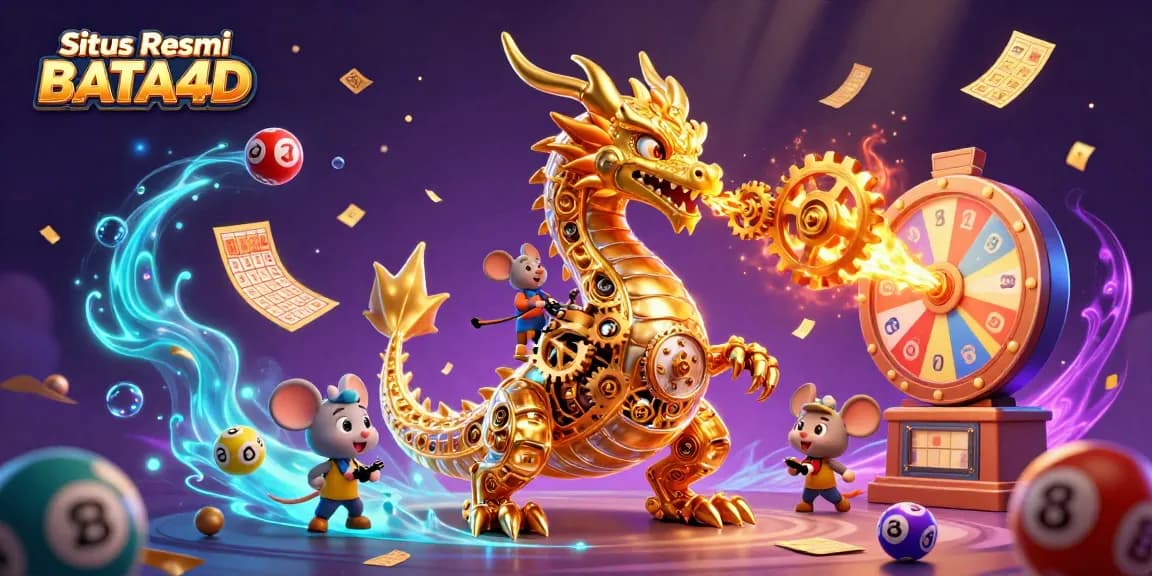 Situs Resmi BATA4D menghadirkan ilustrasi menarik dengan naga emas dan elemen kasino yang beragam.