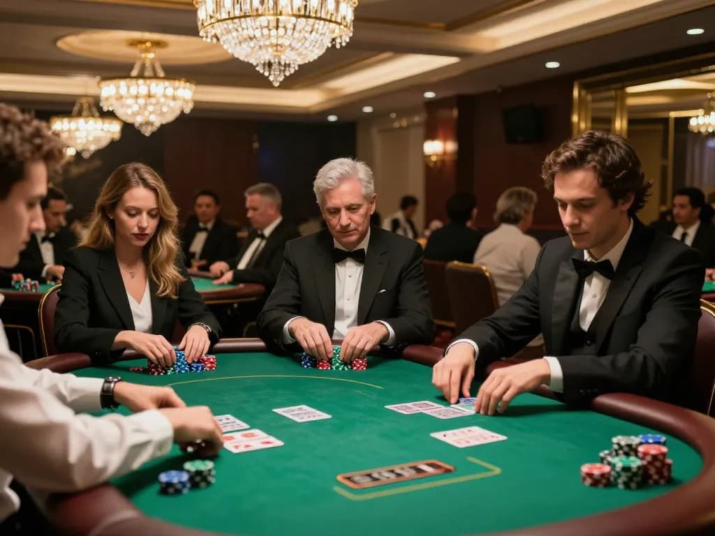 F168 poker game in a luxurious casino setting, showcasing intense gameplay and vibrant atmosphere