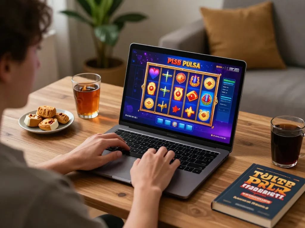 Engaging in real-time slot pulsa gaming on a laptop in a cozy home setting while tracking performance.