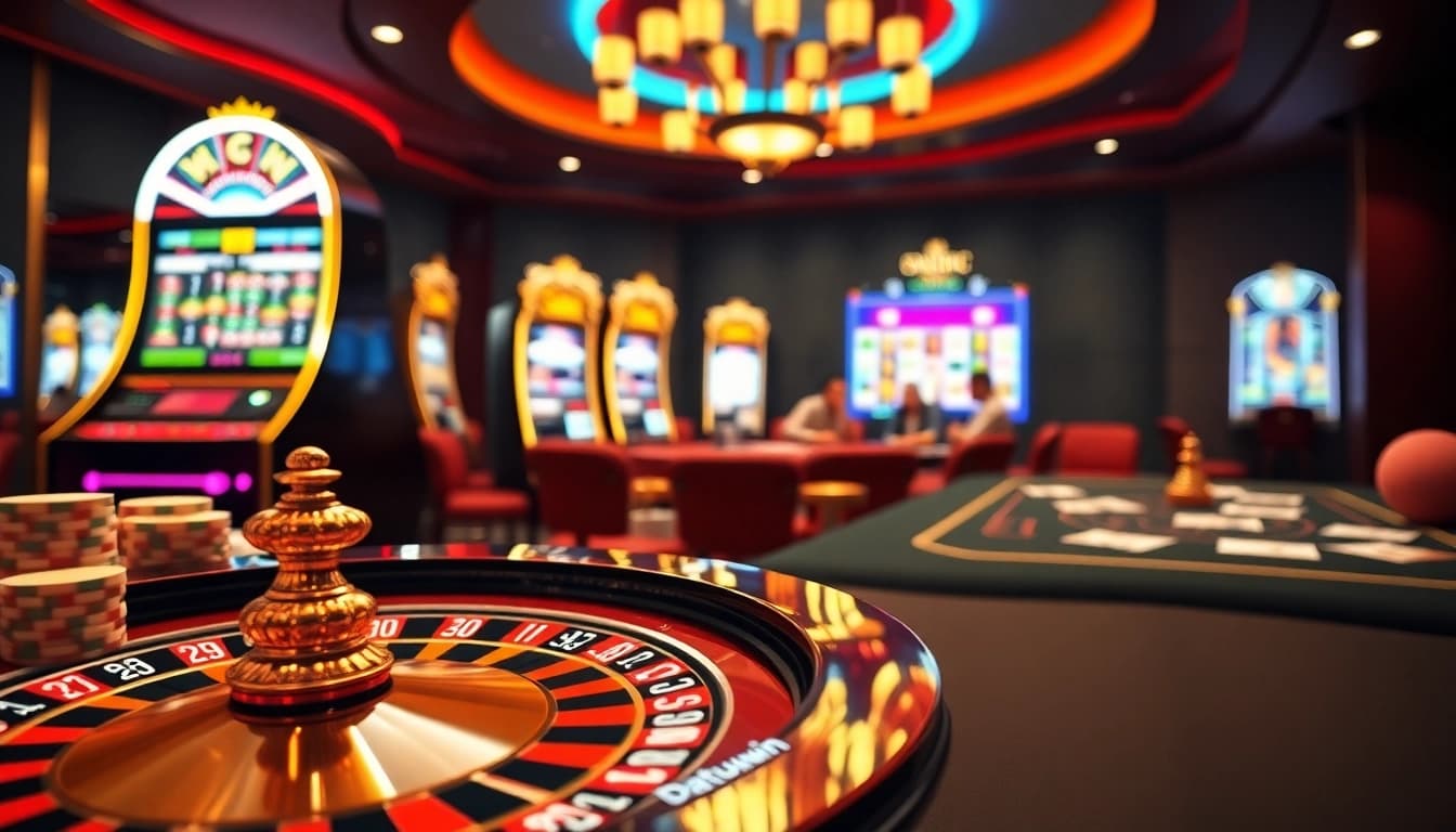 Rasakan atmosfer kasino yang mendebarkan bersama Datukwin, menampilkan rolet, poker, dan mesin slot yang berwarna-warni.