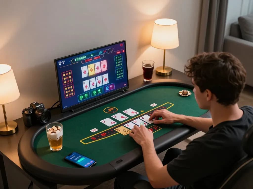 Person playing online blackjack on laptop at home, enhancing their strategies within a responsible gaming environment on gen-e platform.