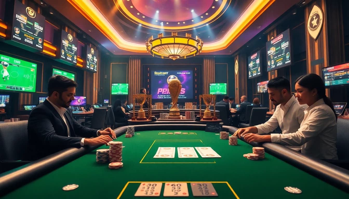 Situs Judi Bola Piala Dunia 2029 betting table showcasing excitement with chips and game screens.