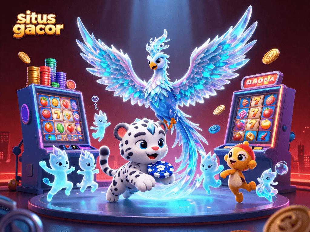 Swing into action on situs slot gacor with an enchanting ice phoenix and playful cub amidst jackpot visuals.