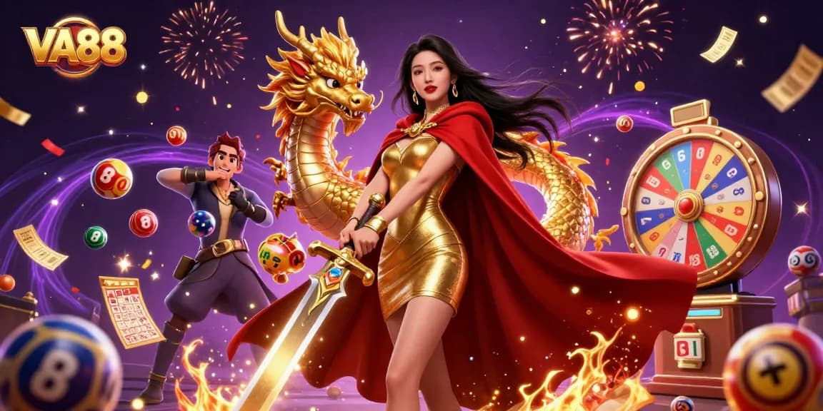Engage in thrilling gameplay with VA88's dazzling atmosphere featuring a warrior queen and dynamic gaming elements.