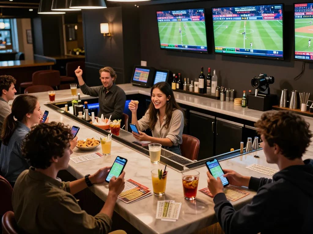 Excited patrons placing bets on their mobile devices at tg88 sports bar during live games.