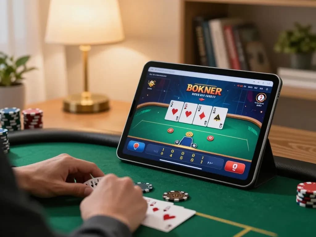 Player engaging in online gambling with O8 on tablet at home with cozy decor