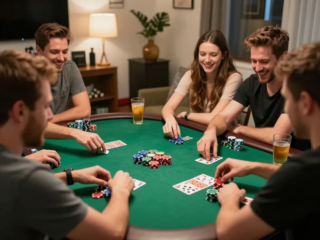 Friends enjoying a lively poker night at home while strategizing their bets with g28tv