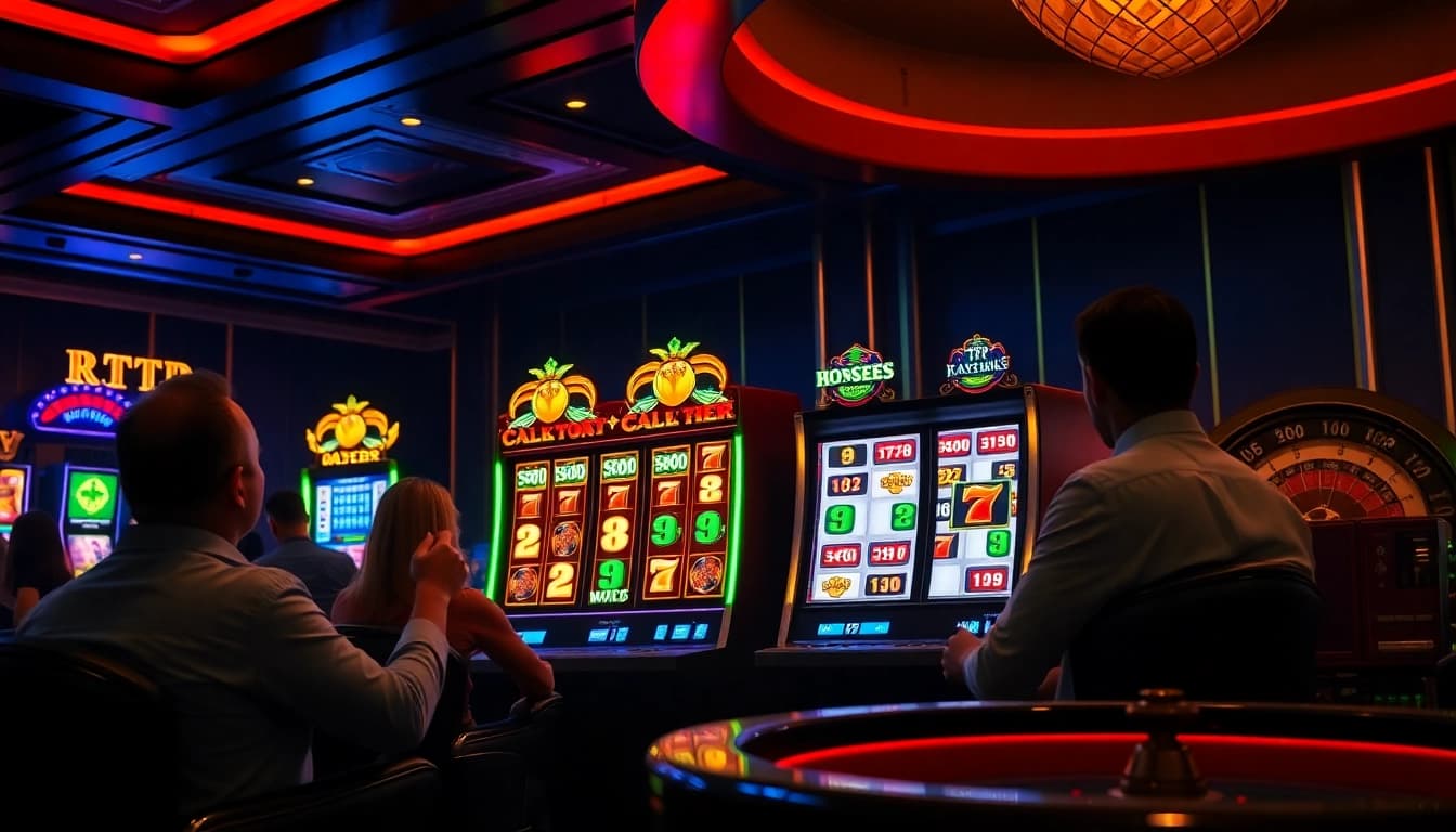 Players engaging with an RTP Slot machine in a luxurious casino, highlighting the excitement of winning.
