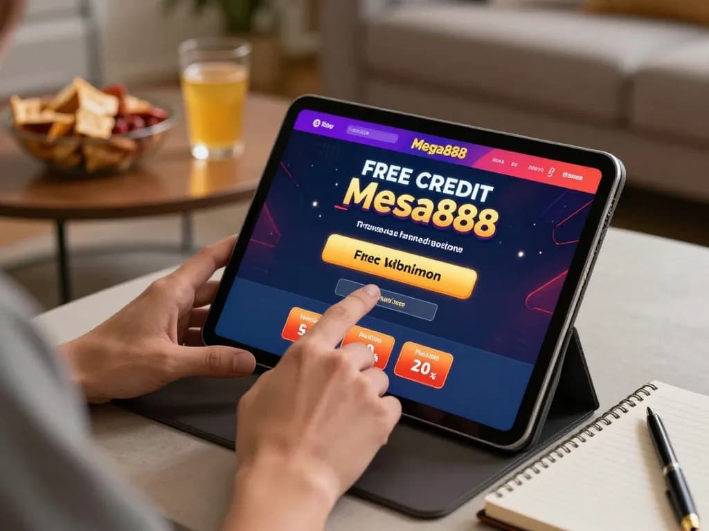 Play free credit mega888 on a tablet at home with snacks and a cozy environment
