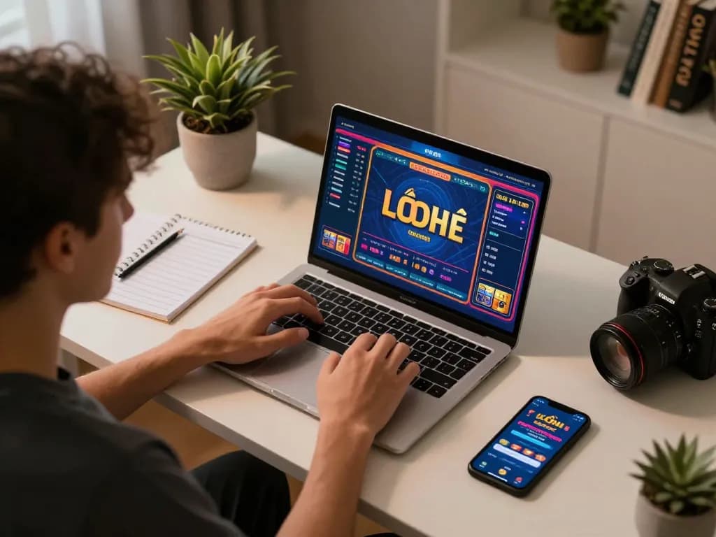 Lô đề online player engaging with betting strategy at a modern desk setup, showcasing relaxed gambling atmosphere.