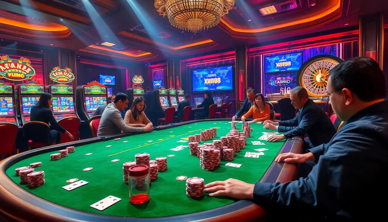 Experience high-stakes poker alongside a vibrant casino scene, featuring elements related to sơ đồ trang web xn88.
