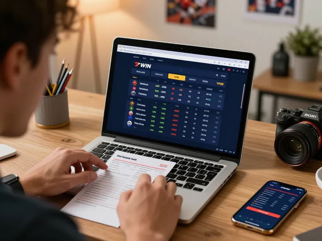 Engaging with 77WIN through online sports betting analysis in a cozy home office.