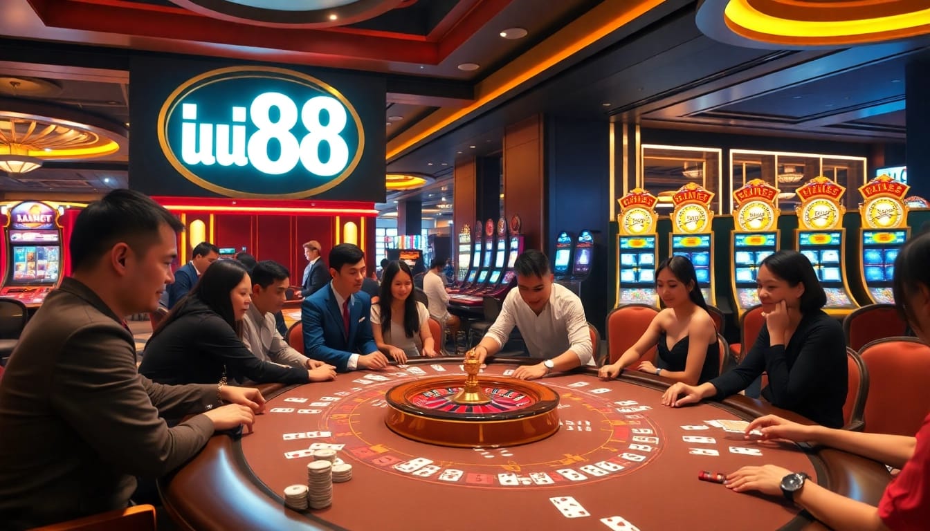 Engage with the excitement of uu 88 at a lively casino scene featuring poker and roulette games.
