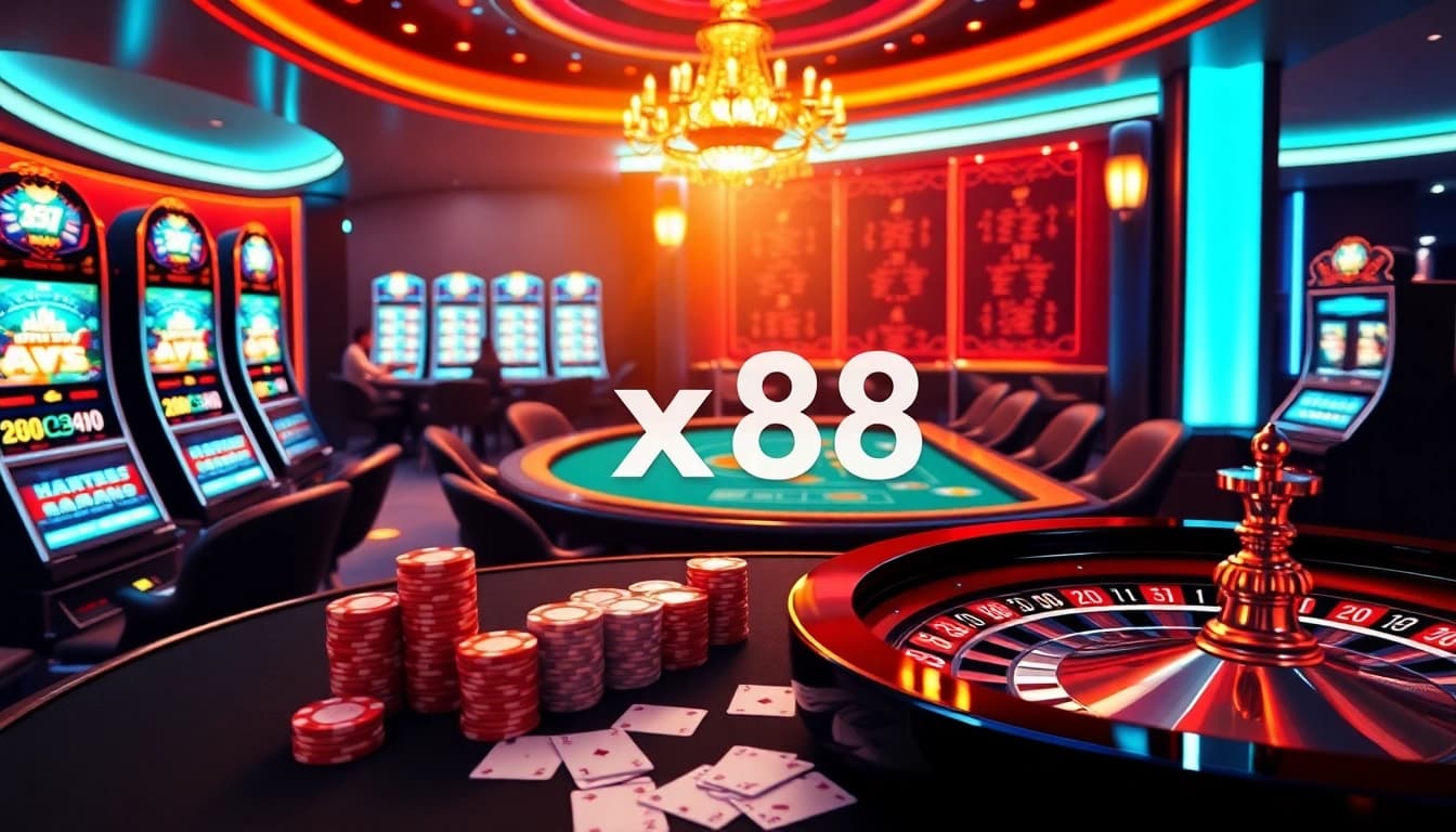 Experience thrilling casino action with xx88 poker chips and slots in a luxurious setting.