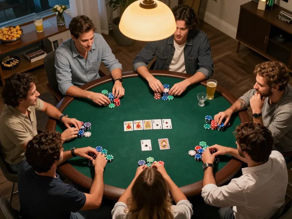 Engage with LGOGOAL at a home poker night, showcasing players in a friendly game atmosphere.