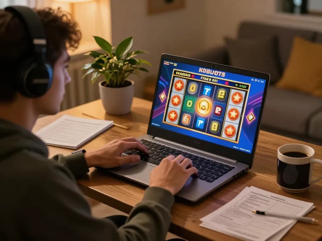 Kdslots player enjoying an online game experience on a laptop, cozy home setup.