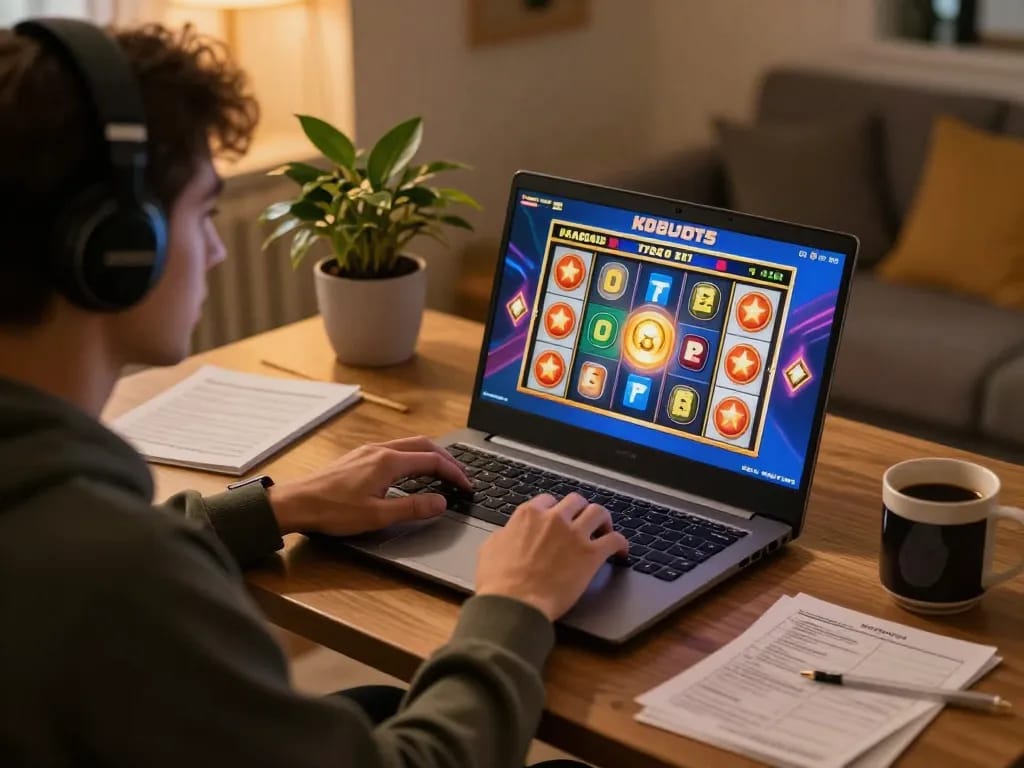 Kdslots player enjoying an online game experience on a laptop, cozy home setup.