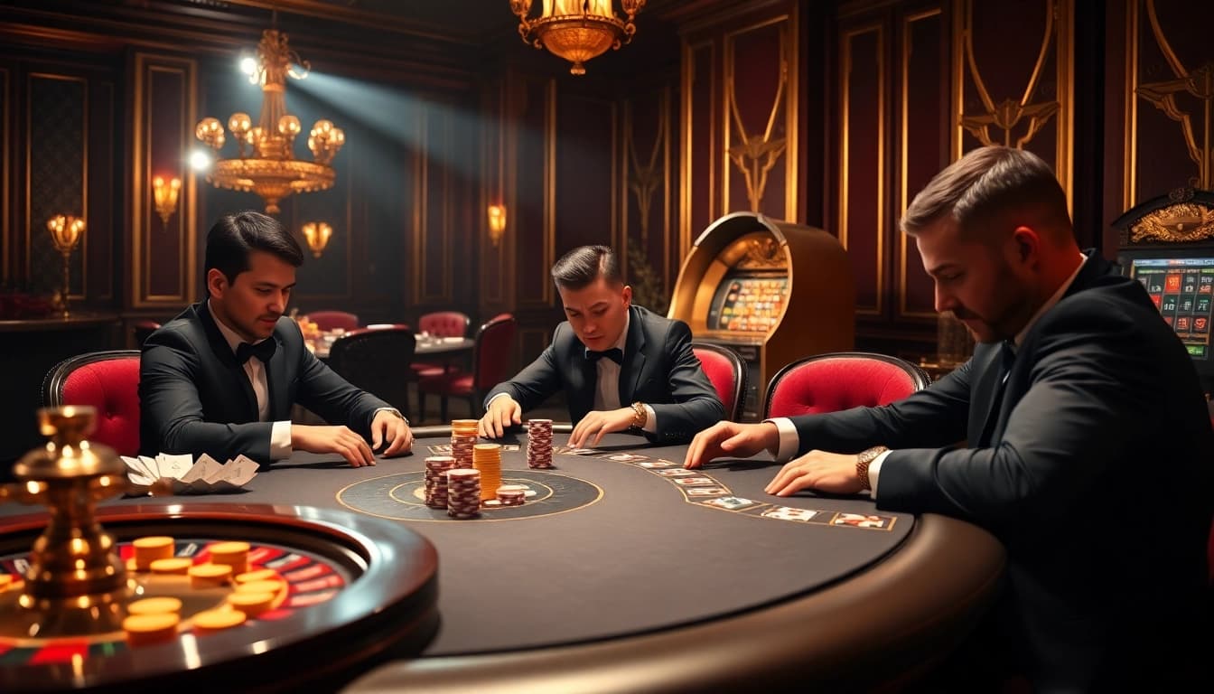 Exciting gaming action in an s8 casino with professional poker players at a luxurious table.