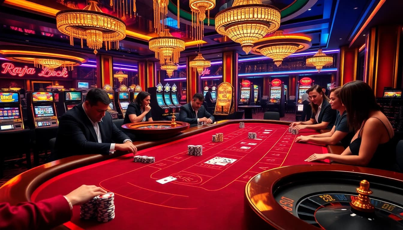 Experience thrilling gambling at RAJA LUCK casino with players celebrating wins at a vibrant baccarat table.