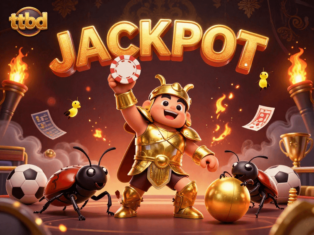 Win thrilling bets with ttbd, featuring a victorious beetle amidst sports symbols and golden elements